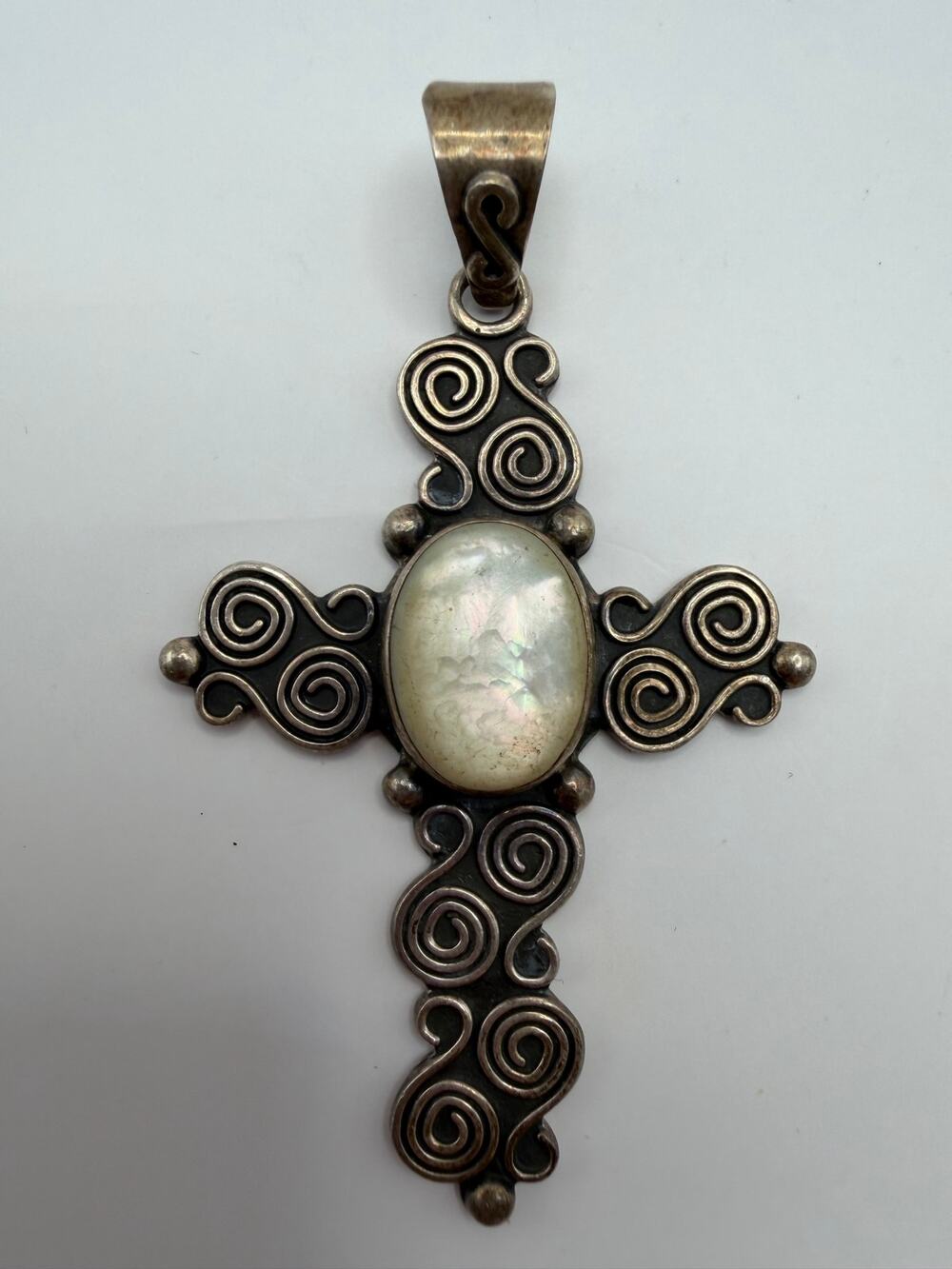 Vintage MWS Mexico Sterling Silver 925 Scroll Cross Pendant Mother of Pearl MOP